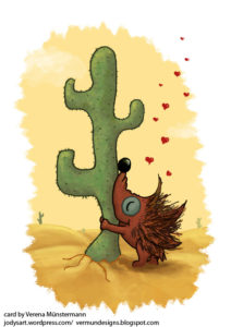 Valentine's card: Igel umarmt verliebt einenKaktus