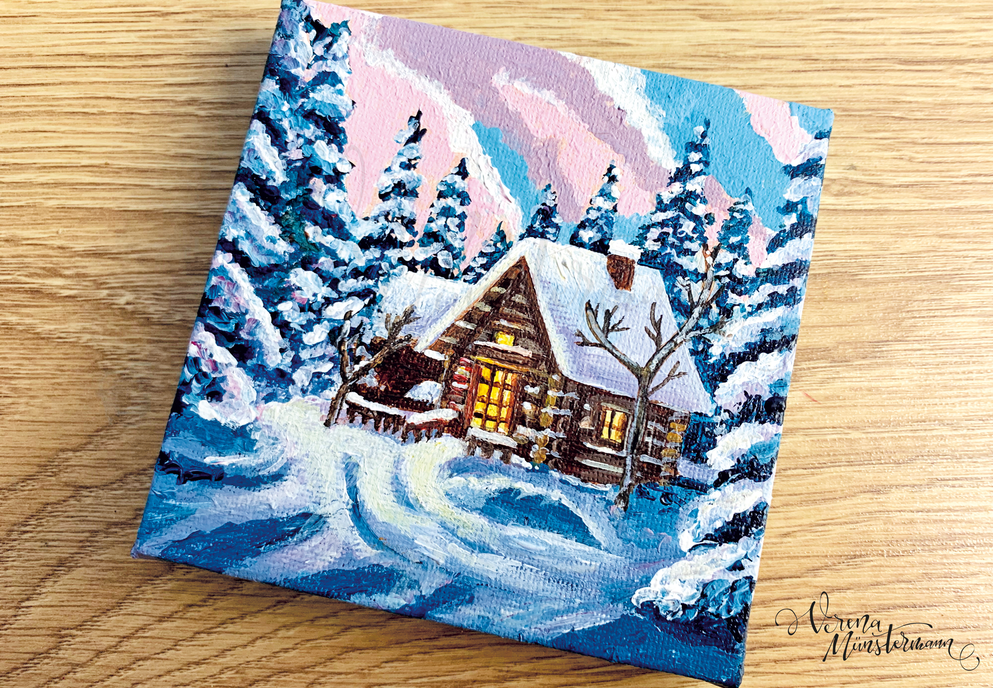 MiniLeinwand | Winterhütte im Schnee I Original Kunst – Bild 5